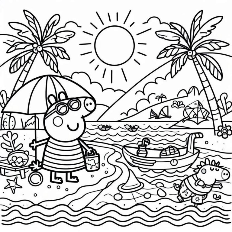 Peppa Pig on the beach coloring pages – Having fun with children